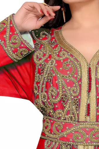Red & White color Full Sleeves Handmade Moroccan Kaftan 