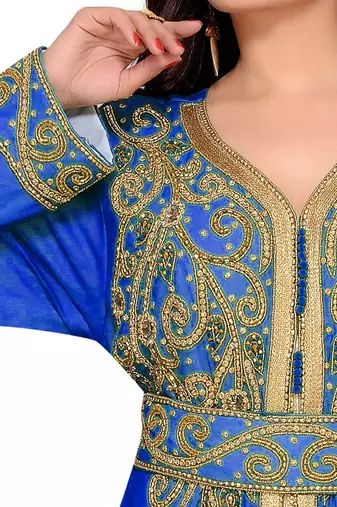 Royal-Blue & White color Full Sleeves Handmade Moroccan Kaftan 