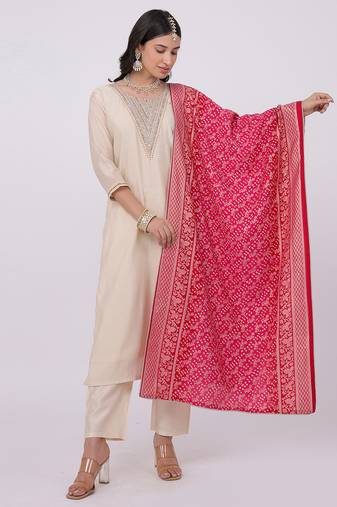 Satrangi women's cream & pink poly silk embroidered v-neck 3/4th sleeve kurta pant set