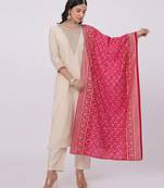 Satrangi women's cream & pink poly silk embroidered v-neck 3/4th sleeve kurta pant set