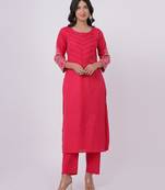 Satrangi women's pink cotton embroidered 3/4th sleeve round neck kurta & pant set