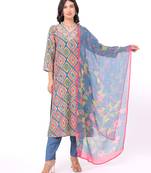 Satrangi women's blue viscose printed kurta pant set with v-neck & 3/4th sleeves