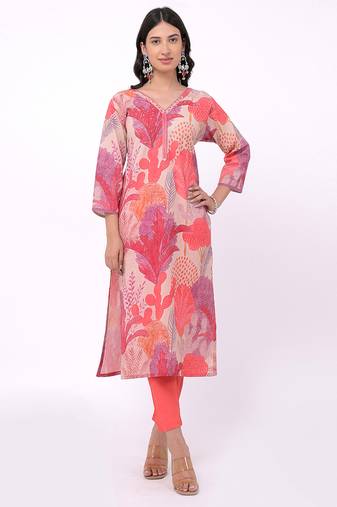 Satrangi women's peach cotton v-neck printed kurta pant set - 3/4th sleeve