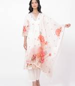 Satrangi women's light orange cotton v-neck 3/4th sleeve printed kurta & pant set