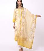 Satrangi women's yellow & white cotton printed 3/4th sleeve round neck kurta pant set