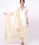 Satrangi women's white embroidered viscose silk 3/4th sleeve round neck kurta pant set