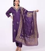 Satrangi women's purple embroidered kurta pant set with round neck and 3/4th sleeves