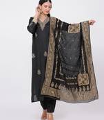 Satrangi women's black embroidered viscose silk 3/4th sleeve round neck kurta pant set