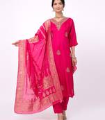 Satrangi women's pink viscose silk embroidered 3/4th sleeve round neck kurta & pant set