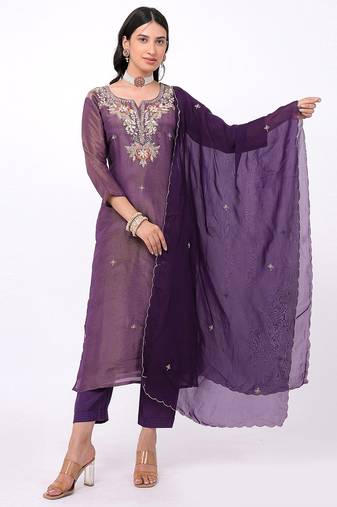 Satrangi women's purple embroidered viscose shimmer round neck 3/4th sleeve kurta & pant set