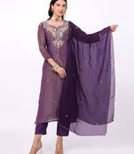 Satrangi women's purple embroidered viscose shimmer round neck 3/4th sleeve kurta & pant set