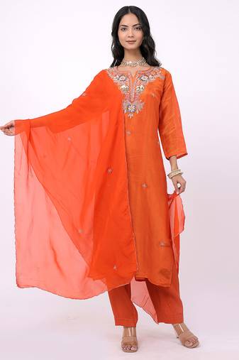 Satrangi women's orange  embroidered viscose shimmer round neck 3/4th sleeve kurta & pant set