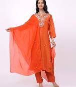 Satrangi women's orange  embroidered viscose shimmer round neck 3/4th sleeve kurta & pant set