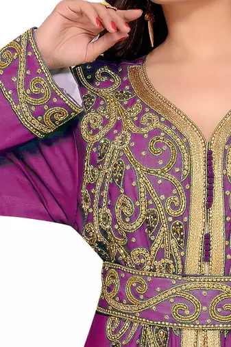 Wine & White color Full Sleeves Handmade Moroccan Kaftan 