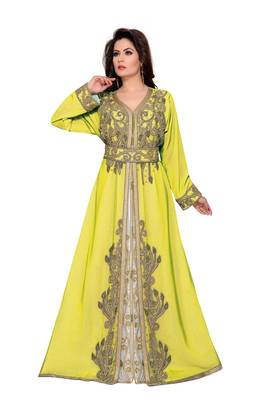 Yellow & White color Full Sleeves Handmade Moroccan Kaftan  1
