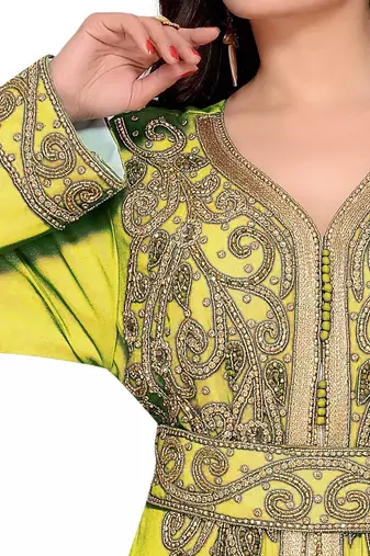 Yellow & White color Full Sleeves Handmade Moroccan Kaftan 