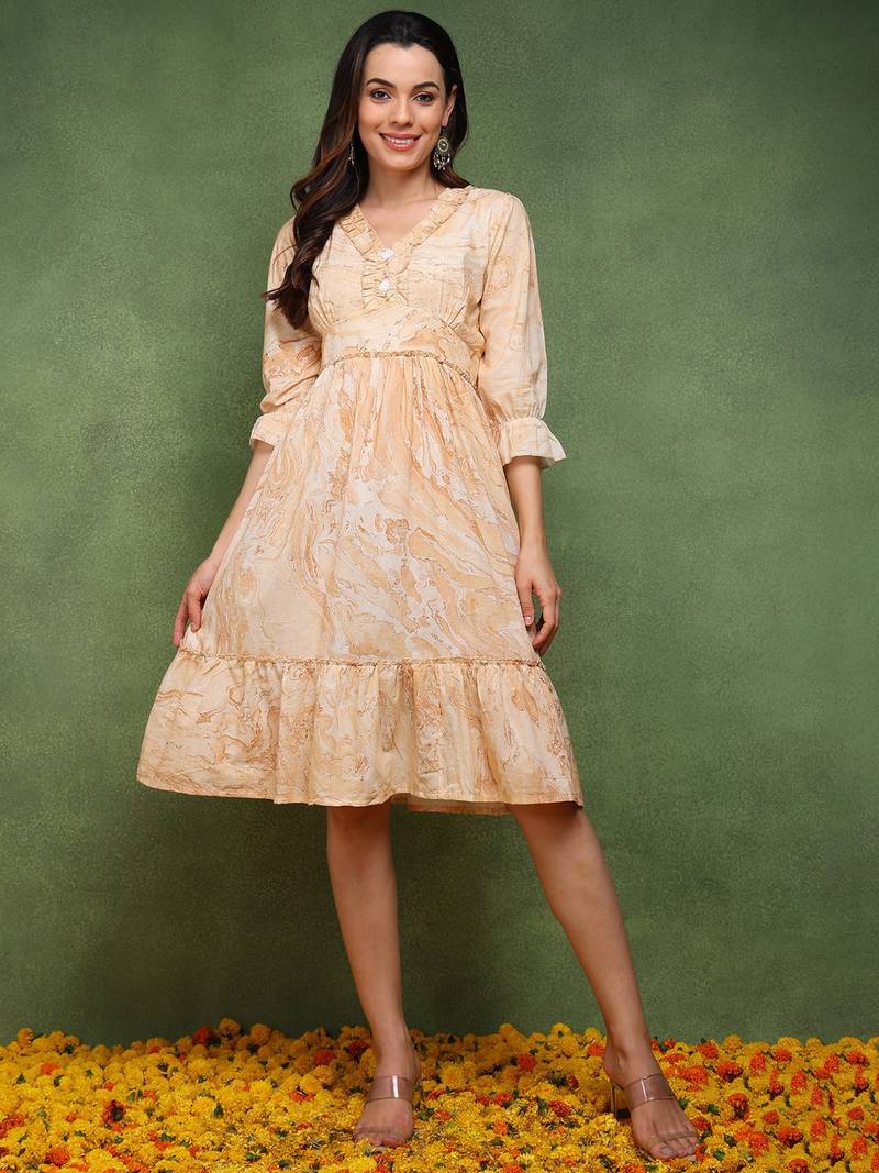 Womens Dresses Peach Fit And Flare Dress Buy Peach Printed Cotton Fit And Flare  Dress Online