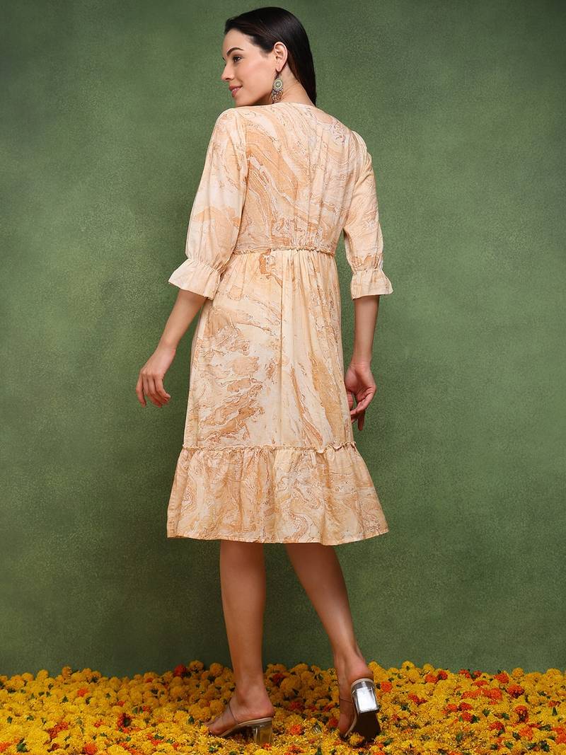 women peach cotton abstract printed fit and flare dress