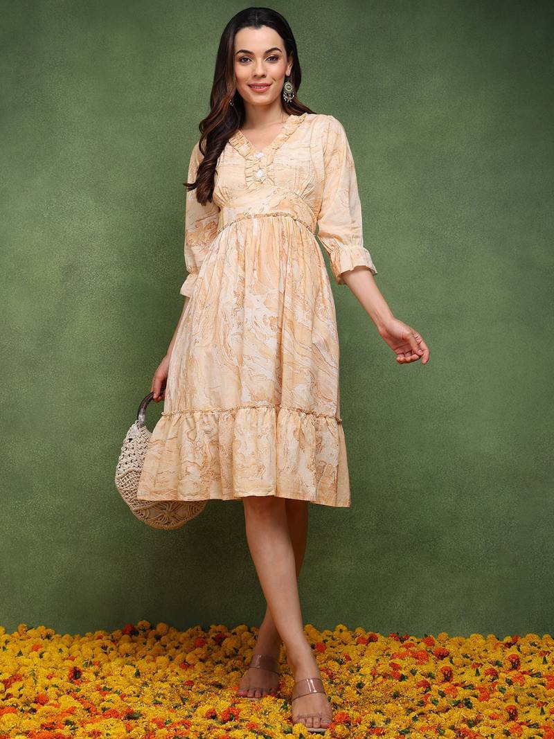 women peach cotton abstract printed fit and flare dress