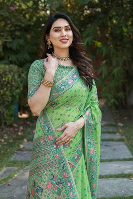 Koram Green  Pashmina Weaving Soft Cotton Weaving Borders Havy Design Saree With Blouse For Women 2