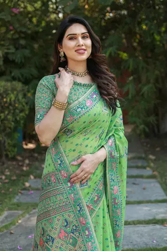Koram Green  Pashmina Weaving Soft Cotton Weaving Borders Havy Design Saree With Blouse For Women