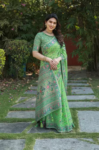 Koram Green  Pashmina Weaving Soft Cotton Weaving Borders Havy Design Saree With Blouse For Women