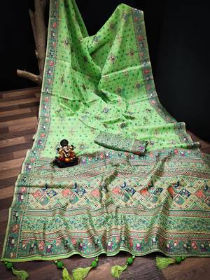 Koram Green  Pashmina Weaving Soft Cotton Weaving Borders Havy Design Saree With Blouse For Women 5