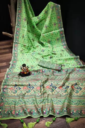 Koram Green  Pashmina Weaving Soft Cotton Weaving Borders Havy Design Saree With Blouse For Women