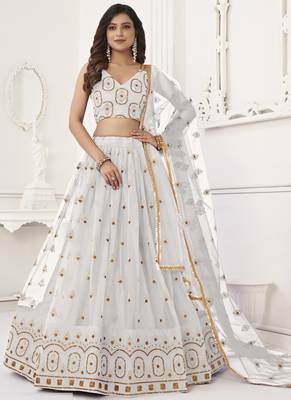 White Butterfly Net Embroidery Thread Designer Lehenga 1