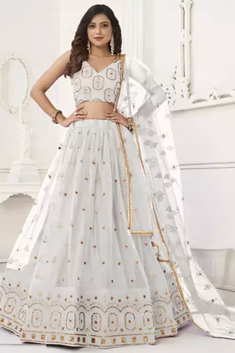White Butterfly Net Embroidery Thread Designer Lehenga