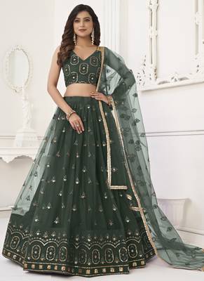 Green Butterfly Net Embroidery Thread Designer Lehenga 1
