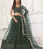 Green Butterfly Net Embroidery Thread Designer Lehenga