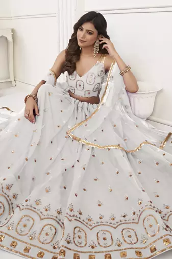 White Butterfly Net Embroidery Thread Designer Lehenga