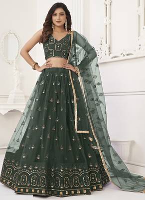 Green Butterfly Net Embroidery Thread Designer Lehenga 2