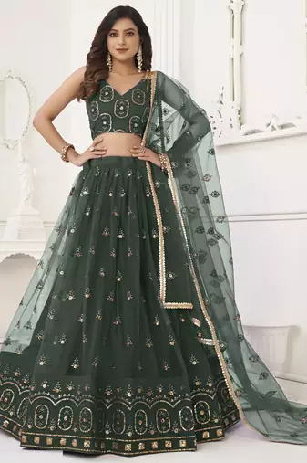 Green Butterfly Net Embroidery Thread Designer Lehenga