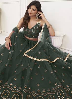 Green Butterfly Net Embroidery Thread Designer Lehenga 3