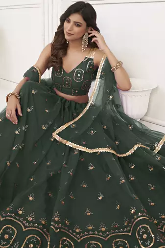 Green Butterfly Net Embroidery Thread Designer Lehenga