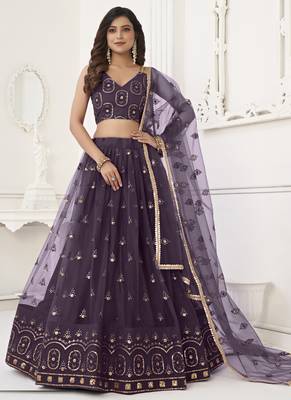 Wine Butterfly Net Embroidery Thread Designer Lehenga 1