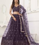 Wine Butterfly Net Embroidery Thread Designer Lehenga