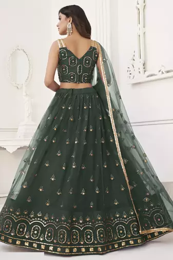 Green Butterfly Net Embroidery Thread Designer Lehenga