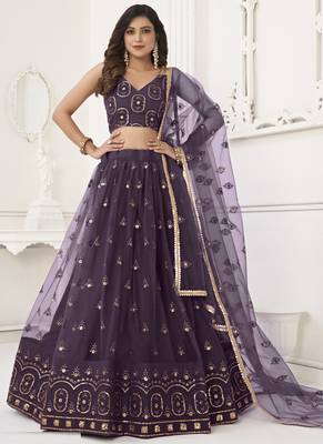 Wine Butterfly Net Embroidery Thread Designer Lehenga 2