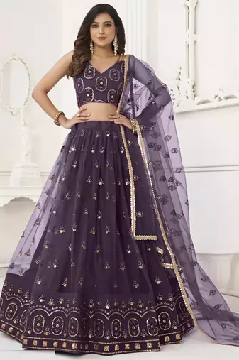 Wine Butterfly Net Embroidery Thread Designer Lehenga