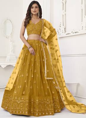 Yellow Butterfly Net Embroidery Thread Designer Lehenga 1