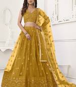 Yellow Butterfly Net Embroidery Thread Designer Lehenga