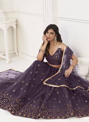 Wine Butterfly Net Embroidery Thread Designer Lehenga 3