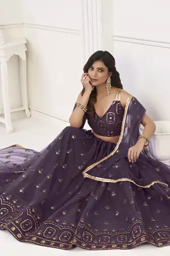 Wine Butterfly Net Embroidery Thread Designer Lehenga