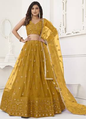 Yellow Butterfly Net Embroidery Thread Designer Lehenga 2