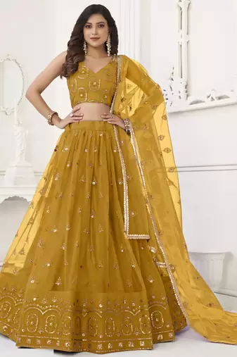 Yellow Butterfly Net Embroidery Thread Designer Lehenga