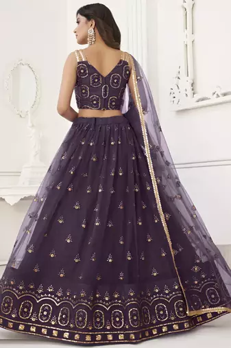 Wine Butterfly Net Embroidery Thread Designer Lehenga