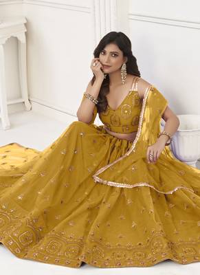 Yellow Butterfly Net Embroidery Thread Designer Lehenga 3